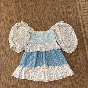 LoveShackFancy Blue and Cream Floral Mini Dress